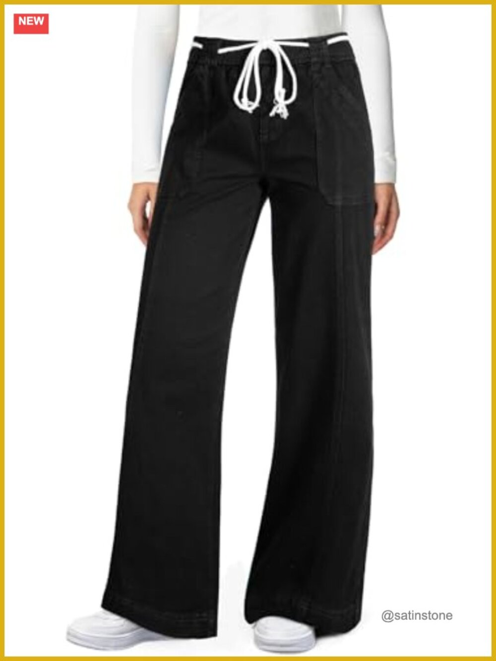 Wide Leg High Waisted Drawstring Straight Leg Stretchy Denim Jeans
